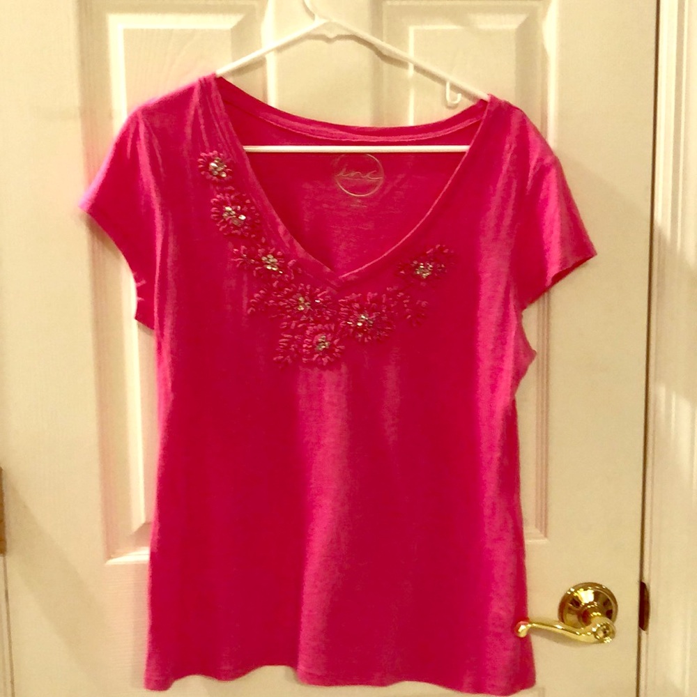 Inc hot pink flowers with sequined V neck top XL